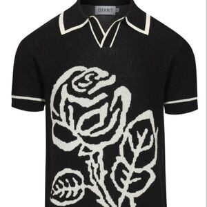 OXKNIT Black and White Rose Polo Shirt